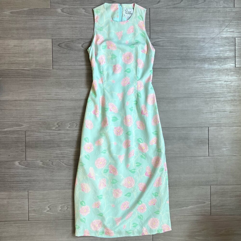 90s Lily Pulitzer Vintage Silk Morning Glory Floral Blue Midi Dress Size 2